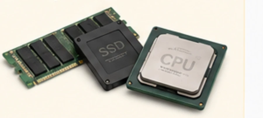 RAM-minne, SSD och processor som används vid datorvärdering